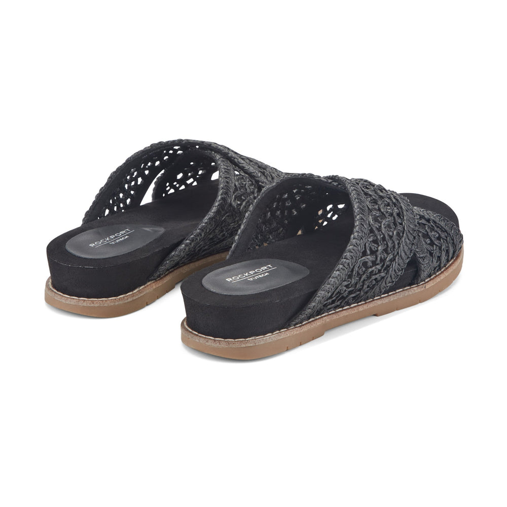 Women Rockport Zora Open Toe Slip-on Flat Casual Sandals Black