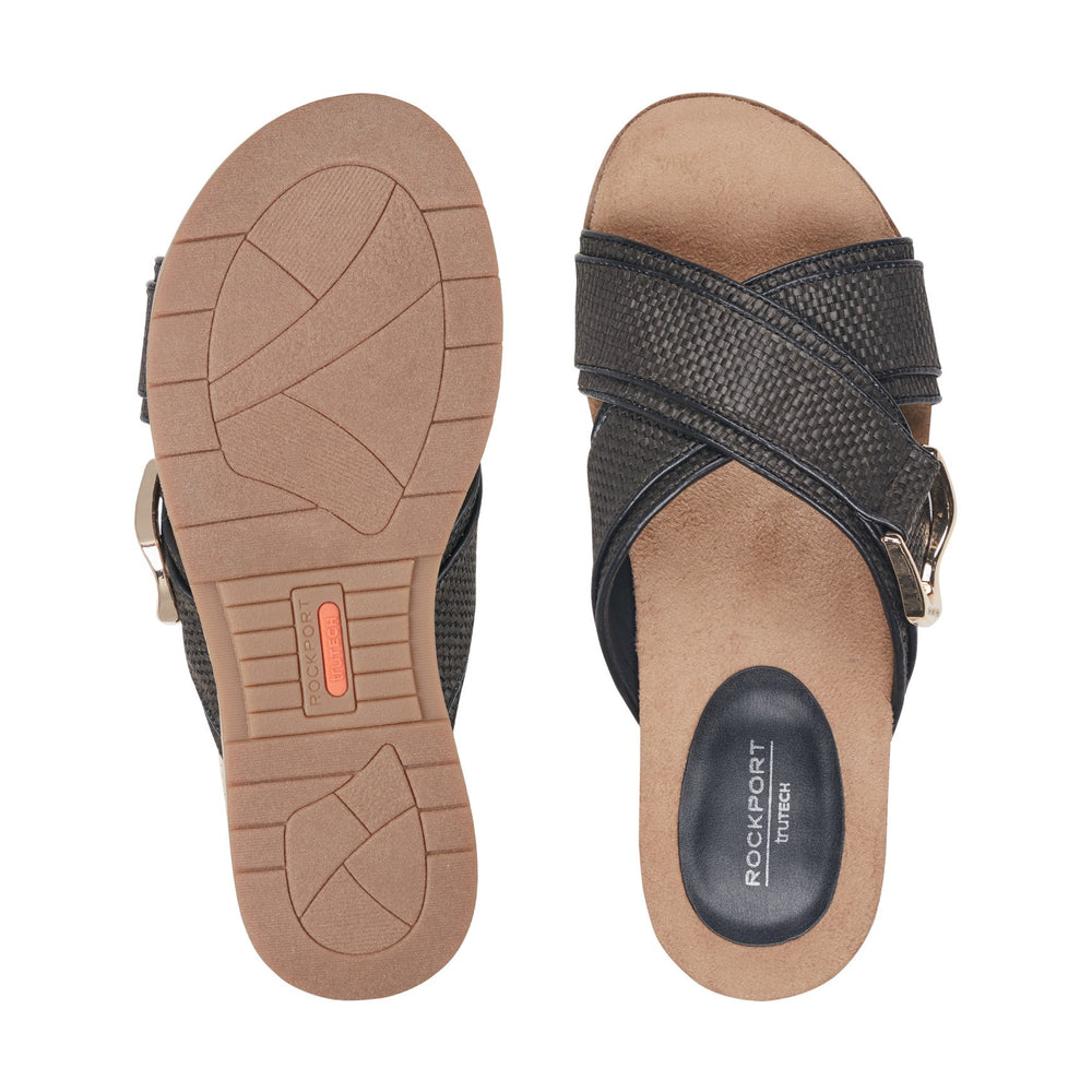Women Rockport Zemira Slip-on Casual Sandals Black Raffia