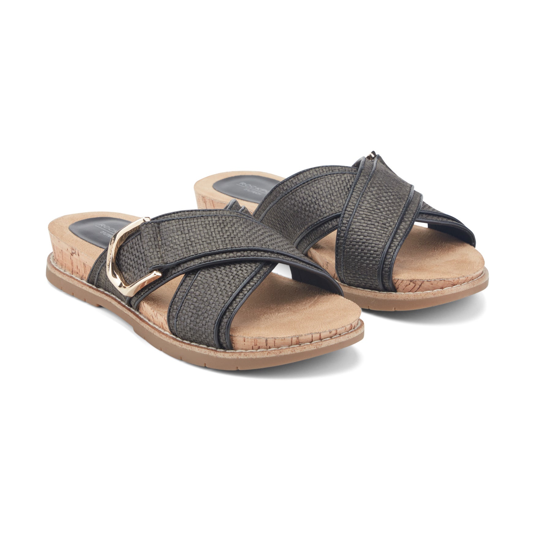Women Rockport Zemira Slip-on Casual Sandals Black Raffia