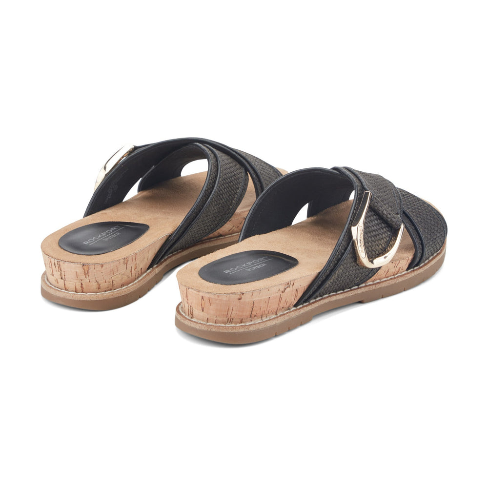 Women Rockport Zemira Slip-on Casual Sandals Black Raffia