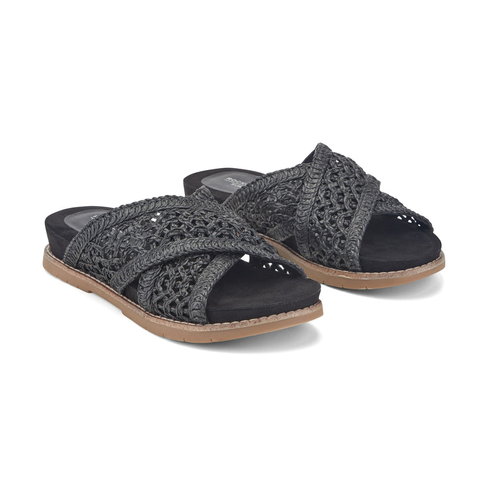 Women Rockport Zora Open Toe Slip-on Flat Casual Sandals Black